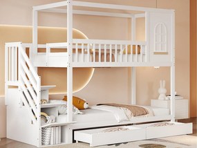 Łóżko piętrowe 90x200cm z litego drewna - 2 szuflady i schody do przechowywania - Białe