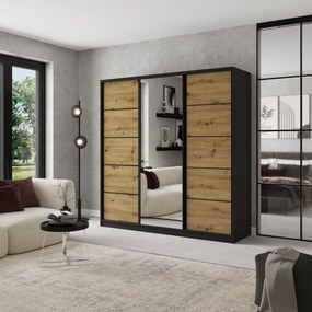 Szafa Przesuwna NATA 180 cm z Lustrem Szafa Trzydrzwiowa z Szufladami Czarna / Dąb Artisan / Czarne Profile