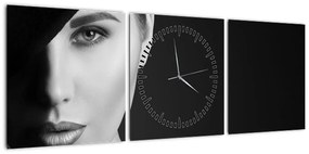 Obraz - Czarno - biały portret kobiety w kapeluszu (z zegarem) (90x30 cm)