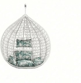 Białe wiszące krzesło KOKON bez stojaka, zielono-biała poduszka