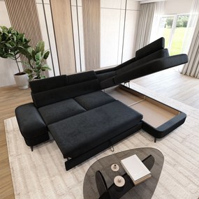 Masseno Narożnik AVISE z funkcją spania i pojemnikiem na pościel Narozniki L, Rozkładana sofa - Czarny, MONOLITH 95