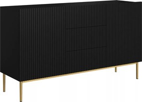 Komoda Nicole 150 cm z szufladami i ryflowanym frontem - czarny mat / złote nóżki