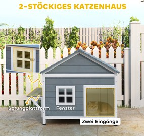 PawHut Domek dla kotów z drewna 2-poziomowa kryjówka z wodoodpornym, otwieranym dachem, boczną platformą, 101x72,5x81cm, Szary | Aosom PL