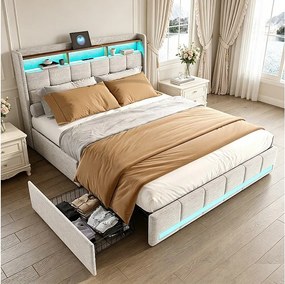 Nowoczesne Beżowe Łóżko Lin 160x200 cm z 4 Szufladami, LED, USB, Typ C - Podwójne Łóżko Dla Dorosłych z Stelażem Listwowym