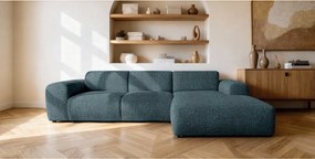 Narożnik GIN w kształcie litery L 310x192 cm | Pufa po prawej | Tkanina Bouclé w kolorze niebieskim, kremowym i benzynowym