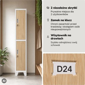 Szafka ubraniowa metalowa pracownicza głęboka 2-drzwiowa biała/dąb sonoma, 292x1720x600 mm: BARTEK 1 Plus D600 Eco Design