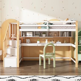 Łóżko piętrowe dla dzieci - 90 x 200 cm - z biurkiem + półkami + 4 szufladami - drewno sosnowe - kolor naturalny i biały