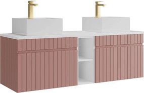 Wisząca, prążkowana szafka łazienkowa z wnękami, podwójną kwadratową umywalką nablatową i baterią – Różowa – L140 cm – SATARA