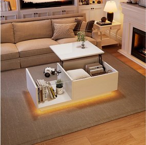 Stolik kawowy regulowany - 100 x 50 x 33 cm - z diodami LED + ukryty schowek + półka - płyta wiórowa - biały
