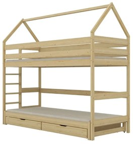 Łóżko piętrowe domek TOBI 1 200x80 sosna nielakierowana z szufladami KOCOT KIDS