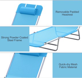 Outsunny Składany leżak ogrodowy z poduszką, 5-pozycyjne regulowane oparcie do 120 kg niebieski | Aosom PL