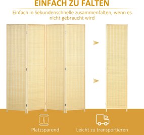 HOMCOM 4-częściowy Parawan 180 x 180 cm, Składany Ekran z Bambusa i Bawełny do Salonu, Sypialni, Naturalny