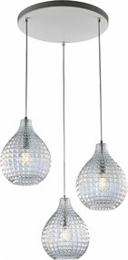 Lampa wisząca Diamante z białego żelaza i chromowanej ramy, regulowane kable, przezroczyste klosze z dmuchanego szkła z efektem kryształu, 3 światła