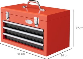 DURHAND Skrzynka narzędziowa z 3 szufladami, 1 komorą, solidne stalowe zamki, 45 x 24 x 27 cm, Czerwona