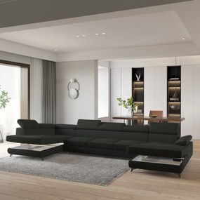 Masseno Narożnik MONTIVA z funkcją spania i pojemnikiem na pościel Narozniki U, Rozkładana sofa - Czarny, MONOLITH 95
