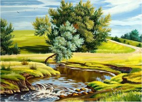 Obraz - rzeka między łąkami, obraz olejny (70x50 cm)