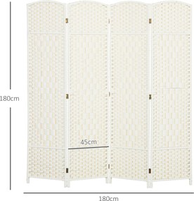 HOMCOM Parawan, 4-częściowa składana ścianka działowa, plecionka, drewno sosnowe, Biały
