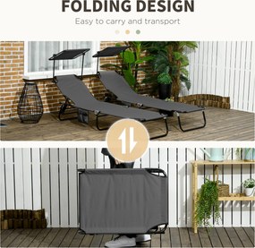 Outsunny Zestaw 2 składanych leżaków ogrodowych z 5-stopniową regulacją oparcia i daszkiem przeciwsłonecznym, w kolorze ciemnoszarym | Aosom PL