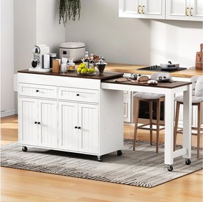 Biała mobilna wyspa kuchenna – Wózek kuchenny z 4 drzwiami i 2 szufladami – wysuwany drewniany blat i półka na przyprawy