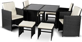 Zestaw mebli ogrodowych z fotelami i pufami Seaside, czarny technorattan, kremowe poduszki