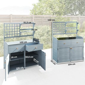 Outsunny Stół do sadzenia z szafką na zewnątrz, drewno, szafka ogrodowa z ocynkowaną powierzchnią roboczą, 2 szuflady, 104x44x140 cm jasnoszary | Aosom PL