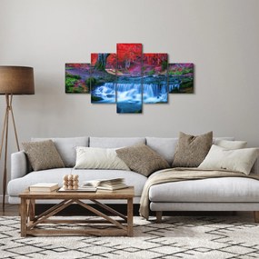 Obraz wodospadu w czerwonym lesie (125x70 cm)