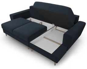 Ciemnoniebieski aksamitny rozkładany/ze schowkiem narożnik (prawostronny/z szezlongiem) Kyoto – Cosmopolitan Design