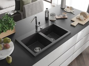 Mexen Hektor zlewozmywak granitowy 2-komorowy 800 x 480 mm, czarny nakrapiany, syfon chrom - 6521802000-76