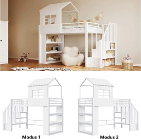 Metalowe łóżko piętrowe dla dzieci - 90 x 200 cm - styl domowy - z półką i drabinką - płyta MDF i metal - białe
