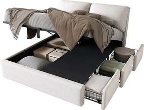 Łóżko tapicerowane 140x190cm - z trzema szufladami - stelaż na listwach - welur - beżowe (materac nie jest w zestawie)