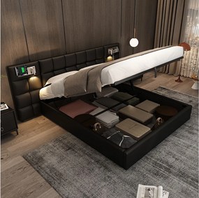 Łóżko z pojemnikiem 180 x 200 cm - z zagłówkiem, USB, stelażem - czarne - bez materaca