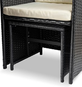 Zestaw mebli ogrodowych z fotelami i pufami Seaside, czarny technorattan, kremowe poduszki