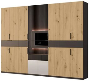 Duża szafa garderobiana z lustrem 360 x 240 cm – Czarna / Dąb Hamilton