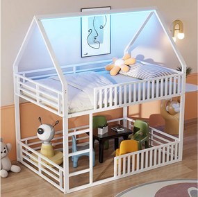 Łóżko piętrowe dla dzieci 140x200 cm z barierkami bezpieczeństwa i oświetleniem LED, białe – bez materaca