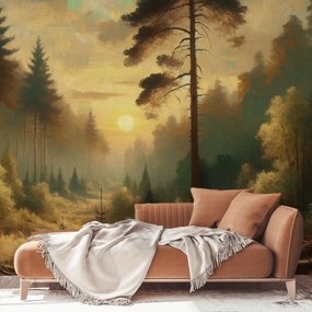 Fototapeta - Słońce świecące przez las (196x136 cm)