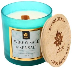 Arome Soy Candle Woody Sage and Salt 400 g z drewnianym knotem i pokrywką