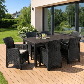 Zestaw Mebli Ogrodowych Stół ARGOS 160-210 cm Ciemnoszary Dąb/Czarny i 6x Fotel FRESNO Czarny Technorattan Nowoczesny
