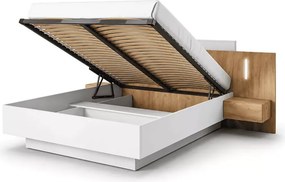Łóżko Volio 160x200 – nowoczesne łóżko sypialniane z szafkami nocnymi i oświetleniem LED – biały mat / dąb craft złoty