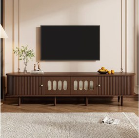 Stolik pod TV z ciemnego orzecha - 180 x 40 x 40 cm - wzór rattanu - z drzwiami + 2 szuflady - MDF - brązowy