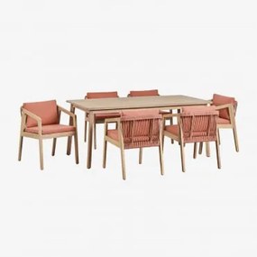 Zestaw Stołowy Prostokątny 180x90 Cm I 6 Krzeseł Do Jadalni Z Drewna Akacjowego I Plecionej Liny Kaela Tkaniny Dachówka Red Roof - Sklum