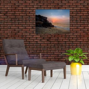 Obraz na szkle - zachód słońca na plaży (70x50 cm)
