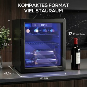 HOMCOM Chłodziarka na 12 butelek, 36 litrów, Zakres Temperatur 4-16°C, Mała Lodówka na Napoje i Piwo z Szklanymi Drzwiami i Oświetleniem LED | Aosom PL