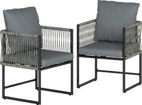 Outsunny Zestaw 2 Krzeseł Ogrodowych z PE-Rattanu i Stali z Poduszkami, Oparciem i Podłokietnikami, 52x52x66 cm, Ciemnoszare | Aosom PL