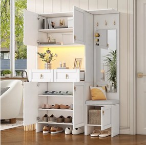 Zestaw garderoby/garderoby - 120 x 33,5 x 180 cm - z ławką + półką na buty + 3 wieszakami + 2 szufladami + 1 lustrem - płyta wiórowa - biały