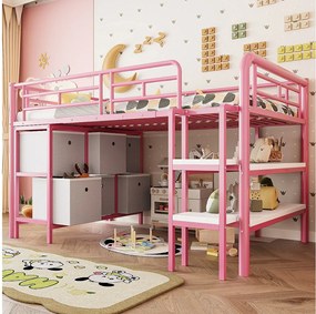 Łóżko piętrowe metalowe dla dzieci - 90 x 200 cm - z szerokimi schodami + szuflady + półki - metalowe - różowe