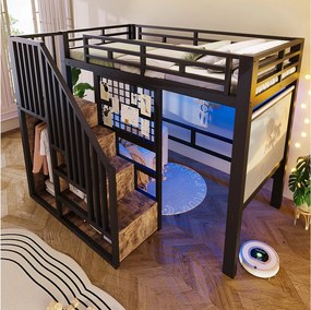 Łóżko piętrowe żelazne - 90 x 200 cm - z drabinką do przechowywania + szafa + oświetlenie LED - MDF + metal - czarne