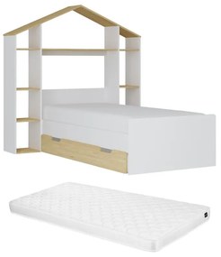 Łóżko domek 90 x 190 cm - Biały i naturalny + Materac - JERACO