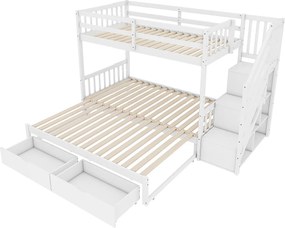 Łóżko piętrowe drewniane - 90x200cm + 90/180x200cm - 2 szuflady i półki - 2 stelaże - Białe
