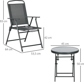 Outsunny Zestaw bistro 3-częściowy z metalu Odporny na warunki pogodowe Zestaw mebli ogrodowych ze składanym stolikiem i krzesłami Ciemnoszary