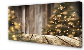 Obraz drukowany na płótnie Deski, Choinka i Lampki